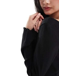 Monki Pointelle Long Sleeve Top With Open Neck In Black For Women -Monki Shop 206788878 3