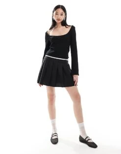 Monki Pointelle Long Sleeve Top With Open Neck In Black For Women -Monki Shop 206788878 4