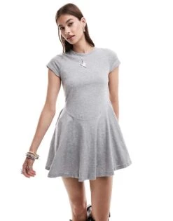 Monki Short Sleeve Mini Jersey Dress With An A-line Skirt In Grey Melange For Women