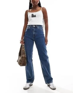 Monki Zami High Waist Straight Leg Jeans In Mid Blue For Women -Monki Shop 206788943 3