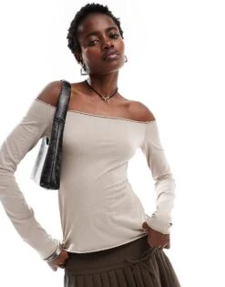 Monki Off The Shoulder Relaxed Fit Long Sleeve Top In Beige For Women