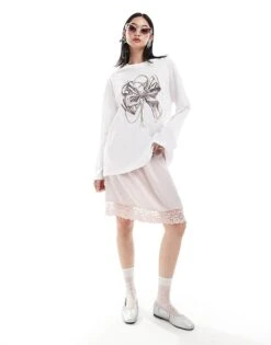 Monki Long Sleeve Relaxed Fit Top With Bow Print In White For Women -Monki Shop 206788975 1 white 1