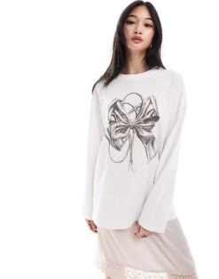 Monki Long Sleeve Relaxed Fit Top With Bow Print In White For Women -Monki Shop 206788975 3