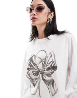 Monki Long Sleeve Relaxed Fit Top With Bow Print In White For Women -Monki Shop 206788975 4
