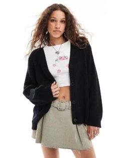 Monki Cable Knit Boxy Button Front Cardigan In Black For Women