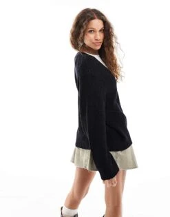 Monki Cable Knit Boxy Button Front Cardigan In Black For Women -Monki Shop 206788991 4