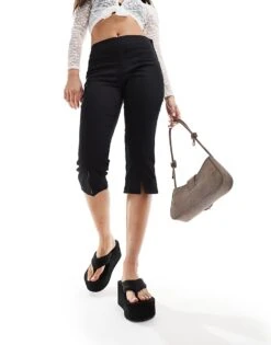 Monki Stretch Cropped Capri Pants With Front Split In Black For Women