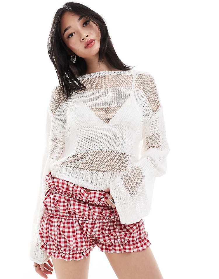 Monki Long Sleeve Loose Knitted Top With Sheer Stripes In Off White For Women