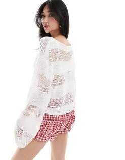 Monki Long Sleeve Loose Knitted Top With Sheer Stripes In Off White For Women -Monki Shop 206789016 3