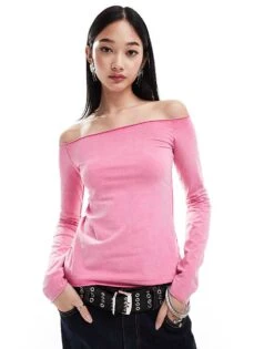 Monki Off The Shoulder Relaxed Fit Long Sleeve Top In Pink For Women