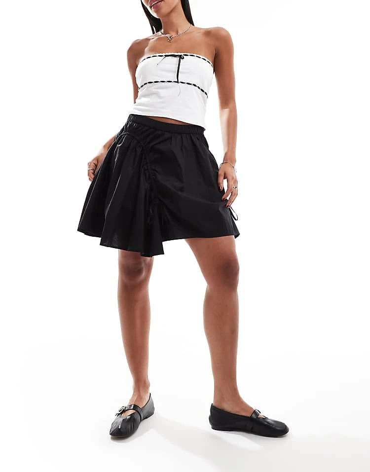 Monki Poplin Mini Skirt With Drawstring Ruched Details In Black For Women 4 Monki Poplin Mini Skirt With Drawstring Ruched Details In Black For Women - Image 2