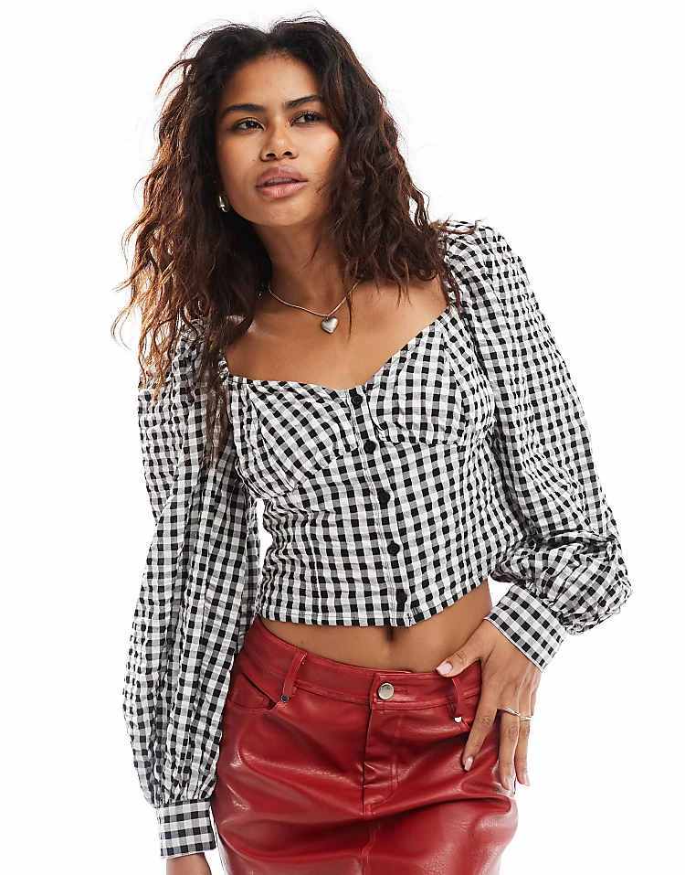 Monki Long Sleeve Seersucker Button Front Blouse In Black And White Check Gingham For Women 4 Monki Long Sleeve Seersucker Button Front Blouse In Black And White Check Gingham For Women - Image 2