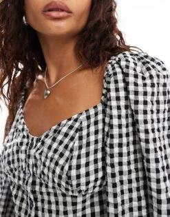 Monki Long Sleeve Seersucker Button Front Blouse In Black And White Check Gingham For Women 9 Monki Long Sleeve Seersucker Button Front Blouse In Black And White Check Gingham For Women -Monki Shop 206789061 3