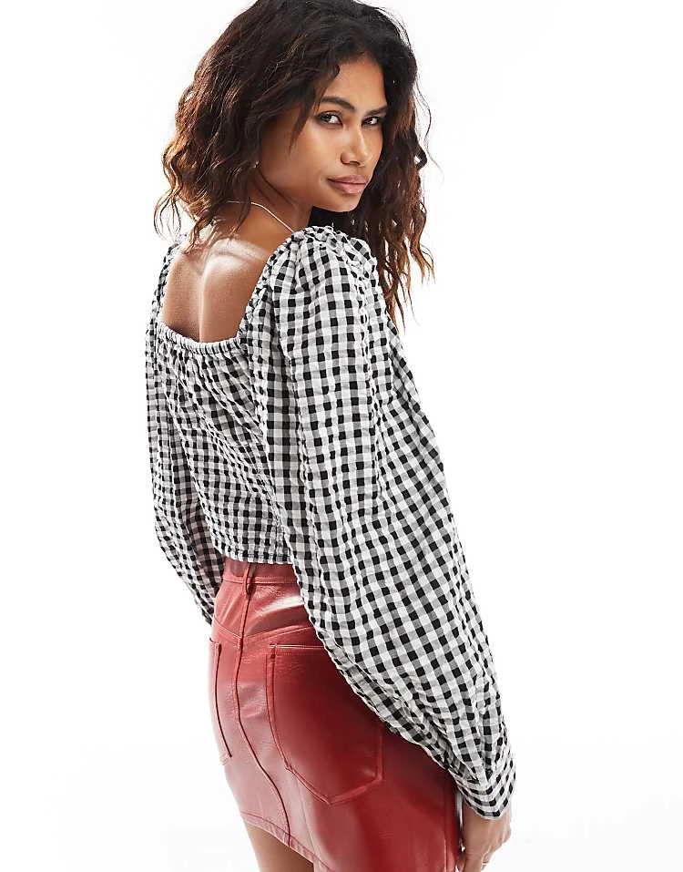 Monki Long Sleeve Seersucker Button Front Blouse In Black And White Check Gingham For Women 6 Monki Long Sleeve Seersucker Button Front Blouse In Black And White Check Gingham For Women - Image 4