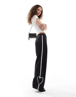 Monki Heart Stripe Straight Leg Track Pant Trouser In Black With White Stripes For Women -Monki Shop 206789080 1 black 1