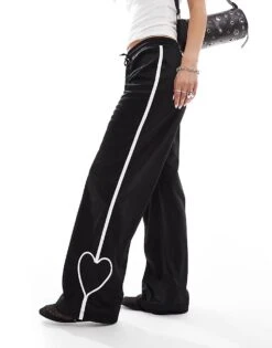 Monki Heart Stripe Straight Leg Track Pant Trouser In Black With White Stripes For Women -Monki Shop 206789080 5