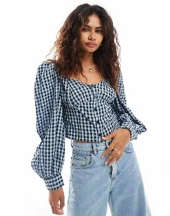 Monki Long Sleeve Seersucker Button Front Blouse In Black And Dark Blue Check Gingham For Women -Monki Shop 206789094 1 darkblue 1