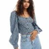 Monki Long Sleeve Seersucker Button Front Blouse In Black And Dark Blue Check Gingham For Women