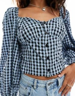 Monki Long Sleeve Seersucker Button Front Blouse In Black And Dark Blue Check Gingham For Women -Monki Shop 206789094 3