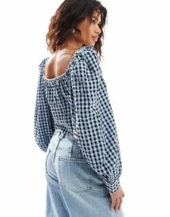 Monki Long Sleeve Seersucker Button Front Blouse In Black And Dark Blue Check Gingham For Women -Monki Shop 206789094 4