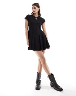 Monki Short Sleeve Mini Jersey Dress With An A-line Skirt In Black For Women -Monki Shop 206789103 1 black 1