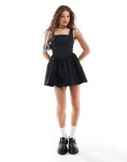 Monki Ruched Sleeveless Mini Dress With Full Hem In Black For Women