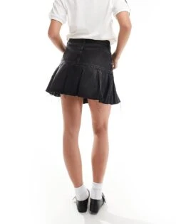 Monki Pleated Denim Mini Skirt In Washed Black For Women -Monki Shop 206789117 3