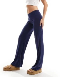 Monki Super Soft Low Waist Straight Leg Baggy Jersey Trousers In Navy For Women Royal Navy Blue