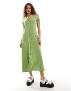 Monki Short Sleeve Button Front Midi Dress In Green For Women 11 Monki Short Sleeve Button Front Midi Dress In Green For Women -Monki Shop 206789178 1 green 1