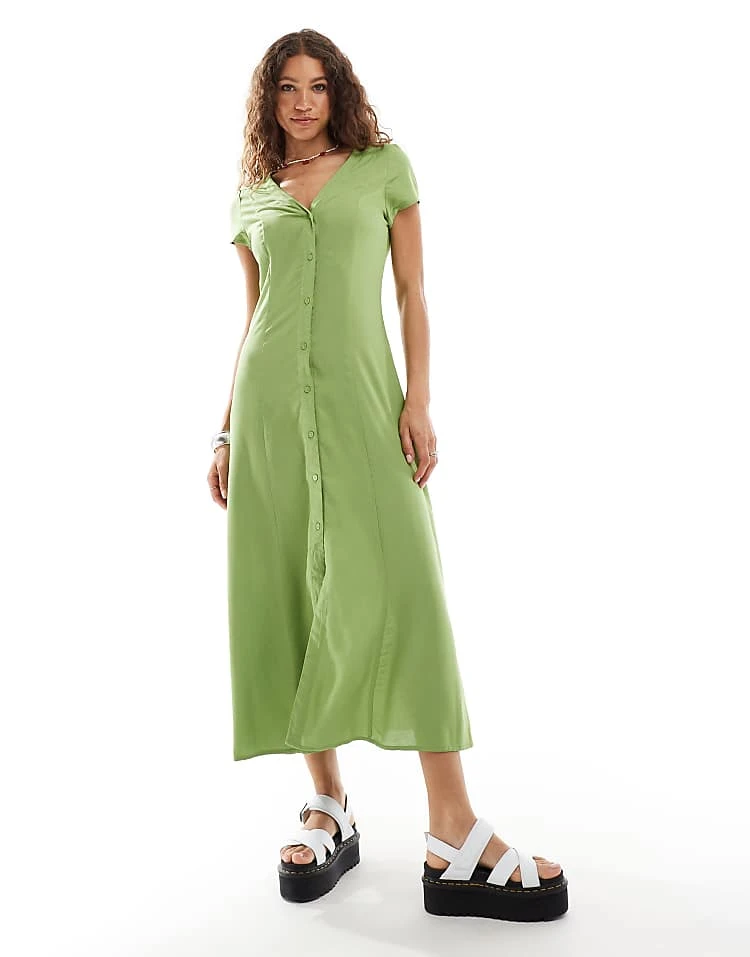 Monki Short Sleeve Button Front Midi Dress In Green For Women 7 Monki Short Sleeve Button Front Midi Dress In Green For Women - Image 5