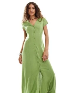 Monki Short Sleeve Button Front Midi Dress In Green For Women 10 Monki Short Sleeve Button Front Midi Dress In Green For Women -Monki Shop 206789178 4