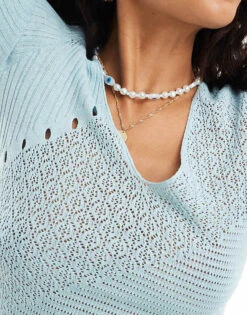 Monki Small Rib V Neck Knit Long Sleeve Top With Hem Detail In Blue For Women Light Blue -Monki Shop 206789203 3