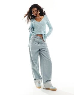 Monki Small Rib V Neck Knit Long Sleeve Top With Hem Detail In Blue For Women Light Blue -Monki Shop 206789203 4