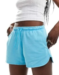 Monki Heavy Jersey Shorts With Curved Hem In Light Blue For Women