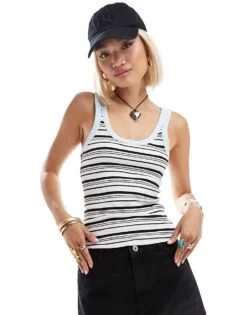 Monki Ribbed Fitted Vest Top With Scoop Neck In Blue And White Multi Stripe For Women -Monki Shop 206789248 1 multi 1