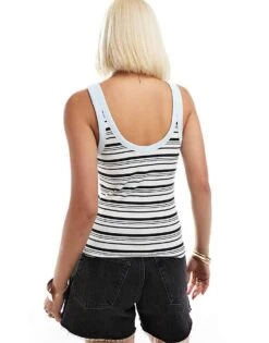Monki Ribbed Fitted Vest Top With Scoop Neck In Blue And White Multi Stripe For Women -Monki Shop 206789248 2