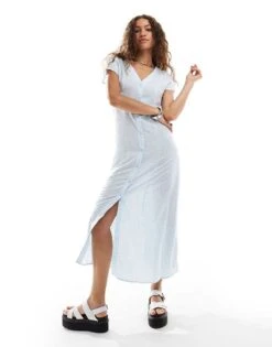 Monki Short Sleeve Button Front Midi Dress In Blue Ditsy Flower Print For Women -Monki Shop 206789267 1 blue 1