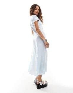 Monki Short Sleeve Button Front Midi Dress In Blue Ditsy Flower Print For Women -Monki Shop 206789267 4