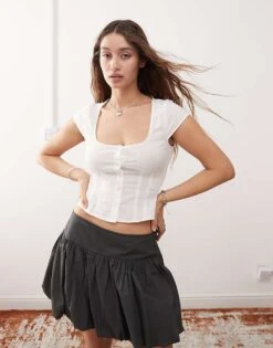 Monki Short Sleeve Cotton Scoop Neck Blouse In White For Women -Monki Shop 206789279 1 white 1