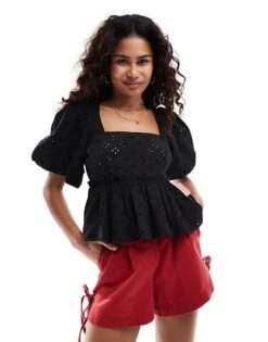 Monki Puff Short Sleeve Sqaure Neck Broderie Anglaise Top In Black For Women -Monki Shop 206789281 1 black 1