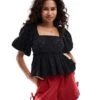 Monki Puff Short Sleeve Sqaure Neck Broderie Anglaise Top In Black For Women