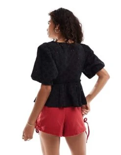 Monki Puff Short Sleeve Sqaure Neck Broderie Anglaise Top In Black For Women -Monki Shop 206789281 2