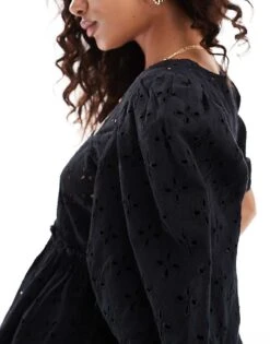 Monki Puff Short Sleeve Sqaure Neck Broderie Anglaise Top In Black For Women -Monki Shop 206789281 3