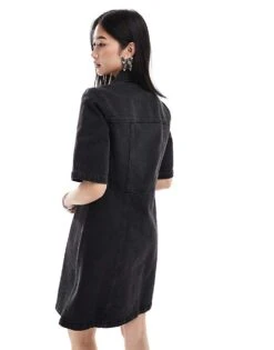 Monki Denim Mini Shirt Dress In Washed Black For Women -Monki Shop 206789323 3
