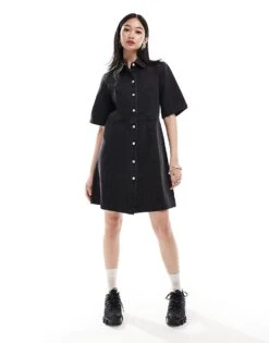 Monki Denim Mini Shirt Dress In Washed Black For Women -Monki Shop 206789323 4