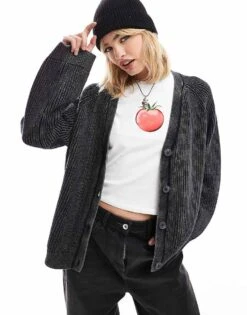 Monki Boxy Fit Cable Knit Cardigan In Off-black For Women Washed Black -Monki Shop 206789387 4