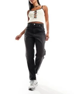 Monki Taiki High Waist Mom Jeans In Washed Black For Women Washed Black -Monki Shop 206789405 4