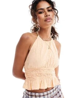 Monki Seersucker Halter Neck Open Back Top With Frill Detail In Coral Orange For Women