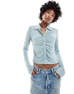 Monki Long Sleeve Jersey Ruched Shirt In Light Dusty Blue For Women