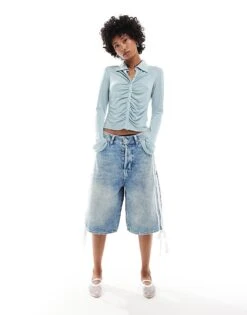 Monki Long Sleeve Jersey Ruched Shirt In Light Dusty Blue For Women -Monki Shop 206789428 4